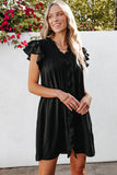 LC6118931-P2-S, LC6118931-P2-M, LC6118931-P2-L, LC6118931-P2-XL, Black Ruffle Sleeve V Neck Frilled Shift Dress