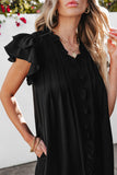 LC6118931-P2-S, LC6118931-P2-M, LC6118931-P2-L, LC6118931-P2-XL, Black Ruffle Sleeve V Neck Frilled Shift Dress