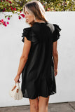 LC6118931-P2-S, LC6118931-P2-M, LC6118931-P2-L, LC6118931-P2-XL, Black Ruffle Sleeve V Neck Frilled Shift Dress