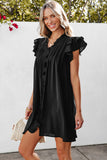 LC6118931-P2-S, LC6118931-P2-M, LC6118931-P2-L, LC6118931-P2-XL, Black Ruffle Sleeve V Neck Frilled Shift Dress