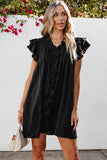 LC6118931-P2-S, LC6118931-P2-M, LC6118931-P2-L, LC6118931-P2-XL, Black Ruffle Sleeve V Neck Frilled Shift Dress