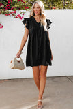 LC6118931-P2-S, LC6118931-P2-M, LC6118931-P2-L, LC6118931-P2-XL, Black Ruffle Sleeve V Neck Frilled Shift Dress