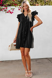 LC6118931-P2-S, LC6118931-P2-M, LC6118931-P2-L, LC6118931-P2-XL, Black Ruffle Sleeve V Neck Frilled Shift Dress