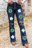 St. Patricks Clover Sequin Patched Frayed Flare Jeans