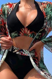 Women 3pcs Tropical Contrast Trim Halter Bikini Set with Cover up