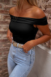 LC25223648-P2-S, LC25223648-P2-M, LC25223648-P2-L, LC25223648-P2-XL, Black Folded Off Shoulder Slim Top