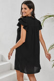 LC6118931-P2-S, LC6118931-P2-M, LC6118931-P2-L, LC6118931-P2-XL, Black Ruffle Sleeve V Neck Frilled Shift Dress
