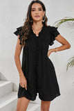 LC6118931-P2-S, LC6118931-P2-M, LC6118931-P2-L, LC6118931-P2-XL, Black Ruffle Sleeve V Neck Frilled Shift Dress