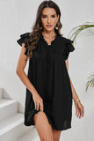 LC6118931-P2-S, LC6118931-P2-M, LC6118931-P2-L, LC6118931-P2-XL, Black Ruffle Sleeve V Neck Frilled Shift Dress