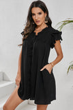LC6118931-P2-S, LC6118931-P2-M, LC6118931-P2-L, LC6118931-P2-XL, Black Ruffle Sleeve V Neck Frilled Shift Dress