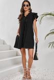 LC6118931-P2-S, LC6118931-P2-M, LC6118931-P2-L, LC6118931-P2-XL, Black Ruffle Sleeve V Neck Frilled Shift Dress