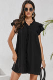 LC6118931-P2-S, LC6118931-P2-M, LC6118931-P2-L, LC6118931-P2-XL, Black Ruffle Sleeve V Neck Frilled Shift Dress