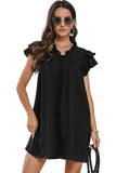 LC6118931-P2-S, LC6118931-P2-M, LC6118931-P2-L, LC6118931-P2-XL, Black Ruffle Sleeve V Neck Frilled Shift Dress