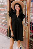 LC6118931-P2-S, LC6118931-P2-M, LC6118931-P2-L, LC6118931-P2-XL, Black Ruffle Sleeve V Neck Frilled Shift Dress