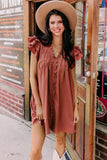 LC6118931-P303-S, LC6118931-P303-M, LC6118931-P303-L, LC6118931-P303-XL, Mineral Red Ruffle Sleeve V Neck Frilled Shift Dress