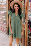 LC6118931-P509-S, LC6118931-P509-M, LC6118931-P509-L, LC6118931-P509-XL, Mist Green Ruffle Sleeve V Neck Frilled Shift Dress