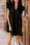 LC6118931-P2-S, LC6118931-P2-M, LC6118931-P2-L, LC6118931-P2-XL, Black Ruffle Sleeve V Neck Frilled Shift Dress