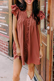 LC6118931-P303-S, LC6118931-P303-M, LC6118931-P303-L, LC6118931-P303-XL, Mineral Red Ruffle Sleeve V Neck Frilled Shift Dress