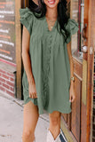 LC6118931-P509-S, LC6118931-P509-M, LC6118931-P509-L, LC6118931-P509-XL, Mist Green Ruffle Sleeve V Neck Frilled Shift Dress