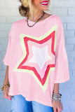 LC25224353-P1010-S, LC25224353-P1010-M, LC25224353-P1010-L, LC25224353-P1010-XL, Light Pink Colorblock Star Patched Half Sleeve Oversized Tee