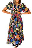 LC6119372-P222-S, LC6119372-P222-M, LC6119372-P222-L, LC6119372-P222-XL, Black Retro Floral Printed Split Neck Maxi Dress