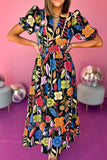 LC6119372-P222-S, LC6119372-P222-M, LC6119372-P222-L, LC6119372-P222-XL, Black Retro Floral Printed Split Neck Maxi Dress