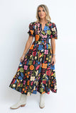 LC6119372-P222-S, LC6119372-P222-M, LC6119372-P222-L, LC6119372-P222-XL, Black Retro Floral Printed Split Neck Maxi Dress