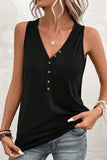 LC25611484-P2-S, LC25611484-P2-M, LC25611484-P2-XL, LC25611484-P2-L, Black Half Button V Neck Patched Pocket Tank Top