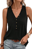 LC25611484-P2-S, LC25611484-P2-M, LC25611484-P2-XL, LC25611484-P2-L, Black Half Button V Neck Patched Pocket Tank Top