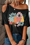 Women's MAMA Flower Print Asymmetric Neck Casual T Shirt