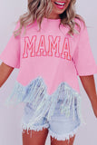 Women's MAMA Embroidered Sequin Tassel Patchwork T Shirt