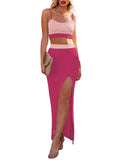 LC63830-6-XS, LC63830-6-S, LC63830-6-M, LC63830-6-L, LC63830-6-XL, Rose Red Women's Knit 2 Piece Dress Cami Crop Top High Side Slit Bodycon Long Skirt Set