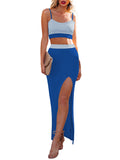 LC63830-205-XS, LC63830-205-S, LC63830-205-M, LC63830-205-L, LC63830-205-XL, Sapphire Blue Women's Knit 2 Piece Dress Cami Crop Top High Side Slit Bodycon Long Skirt Set