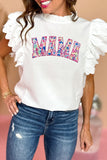 Women White MAMA Embroidered Layered Scalloped Sleeve Top