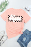 LC25225445-10-S, LC25225445-10-M, LC25225445-10-L, LC25225445-10-XL, Pink Mama Checkered Print O Neck Casual T Shirt