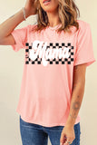 LC25225445-10-S, LC25225445-10-M, LC25225445-10-L, LC25225445-10-XL, Pink Mama Checkered Print O Neck Casual T Shirt