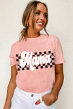 LC25225445-10-S, LC25225445-10-M, LC25225445-10-L, LC25225445-10-XL, Pink Mama Checkered Print O Neck Casual T Shirt