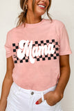 Women Pink Mama Checkered Print O Neck Casual T Shirt