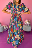 LC6119372-P922-S, LC6119372-P922-M, LC6119372-P922-L, LC6119372-P922-XL, Green Retro Floral Printed Split Neck Maxi Dress