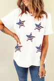 LC25225494-1-S, LC25225494-1-M, LC25225494-1-L, LC25225494-1-XL, LC25225494-1-2XL, White Sequined American Flag Star Graphic T Shirt