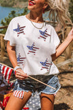 LC25225494-1-S, LC25225494-1-M, LC25225494-1-L, LC25225494-1-XL, LC25225494-1-2XL, White Sequined American Flag Star Graphic T Shirt
