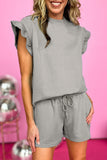 LC625933-P11-S, LC625933-P11-M, LC625933-P11-L, LC625933-P11-XL, LC625933-P11-2XL, Gray Textured Ruffle Split Top and Drawstring Shorts