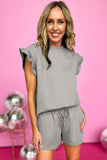 LC625933-P11-S, LC625933-P11-M, LC625933-P11-L, LC625933-P11-XL, LC625933-P11-2XL, Gray Textured Ruffle Split Top and Drawstring Shorts