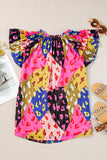 LC25127158-P620-S, LC25127158-P620-M, LC25127158-P620-L, LC25127158-P620-XL, Rose Leopard Flutter Sleeve V Neck Crinkled Blouse