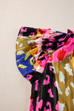 LC25127158-P620-S, LC25127158-P620-M, LC25127158-P620-L, LC25127158-P620-XL, Rose Leopard Flutter Sleeve V Neck Crinkled Blouse