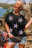 LC25225494-2-S, LC25225494-2-M, LC25225494-2-L, LC25225494-2-XL, LC25225494-2-2XL, Black Sequined American Flag Star Graphic T Shirt