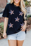 LC25225494-2-S, LC25225494-2-M, LC25225494-2-L, LC25225494-2-XL, LC25225494-2-2XL, Black Sequined American Flag Star Graphic T Shirt