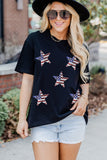 LC25225494-2-S, LC25225494-2-M, LC25225494-2-L, LC25225494-2-XL, LC25225494-2-2XL, Black Sequined American Flag Star Graphic T Shirt