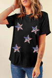 LC25225494-2-S, LC25225494-2-M, LC25225494-2-L, LC25225494-2-XL, LC25225494-2-2XL, Black Sequined American Flag Star Graphic T Shirt