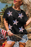 LC25225494-2-S, LC25225494-2-M, LC25225494-2-L, LC25225494-2-XL, LC25225494-2-2XL, Black Sequined American Flag Star Graphic T Shirt